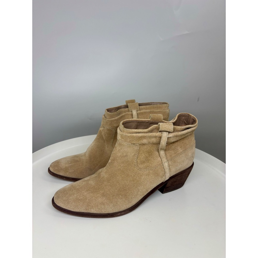 Joie Tan Suede Ankle Boots Western Almond Toe Stacked Heel Booties Womens 38